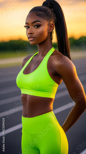 Obraz na płótnie A sporty woman in neon green activewear, standing confidently on a running track at sunrise with a glowing sky in the background w salonie