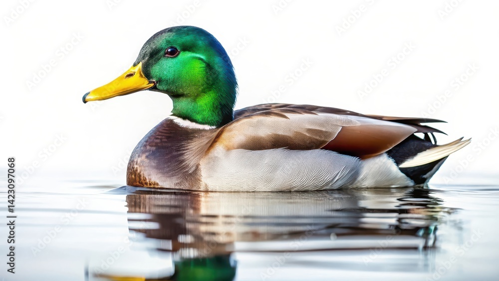 Fototapeta premium Mallard Duck in Water, Floating with Feathers Out, Isolated on White Background, calm scene, landscape