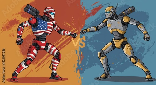 Patriotic Robot vs. Chrome Combatant: Futuristic Showdown