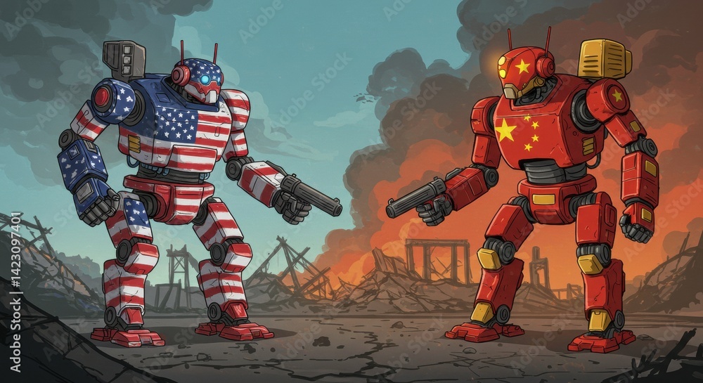 Fototapeta premium Patriotic Mechs Confrontation: Post-Apocalyptic Standoff