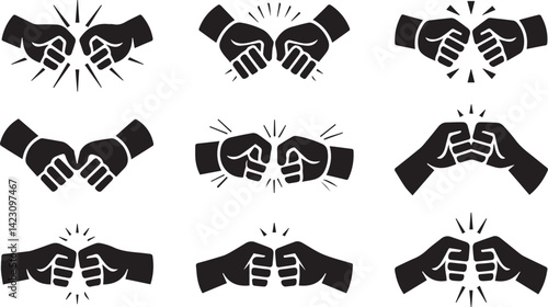 Fist Bump Silhouette Vector Set with Unity Strength Icons in Black Minimal