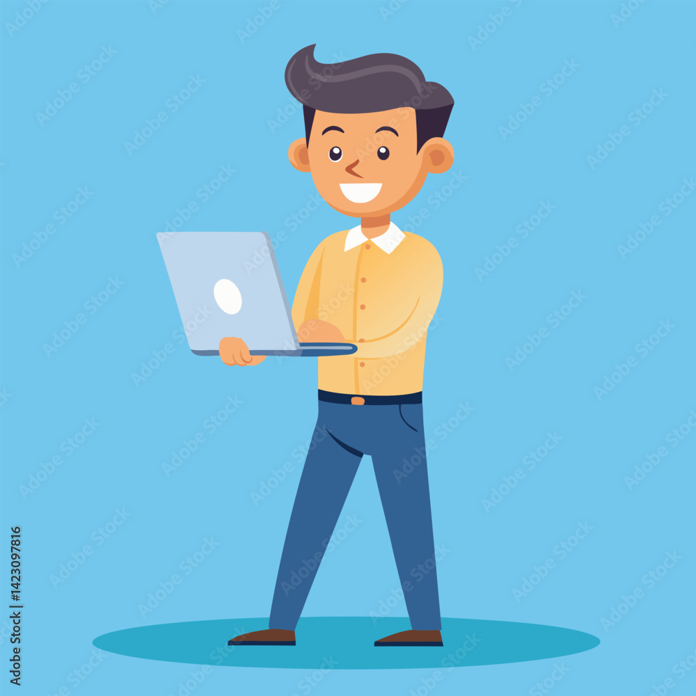 Young Man Using Laptop Concept Vector Illustration Young Man Using Laptop Concept Vector Illustration