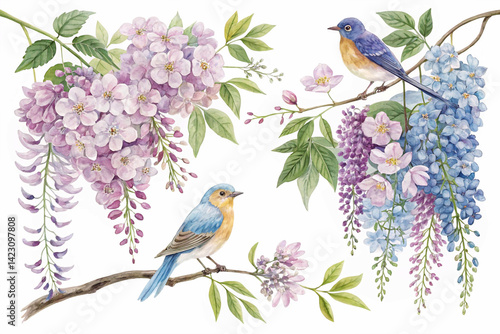 Fototapeta Naklejka Na Ścianę i Meble -  Two charming bluebirds with vibrant blue and orange feathers are perched on delicate branches laden with purple and white wisteria blossoms in a soft watercolor style