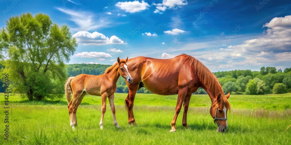 Fototapeta premium A beautiful red mare grazing peacefully under a sunny sky surrounded by lush greenery, with her foal playing in the distance