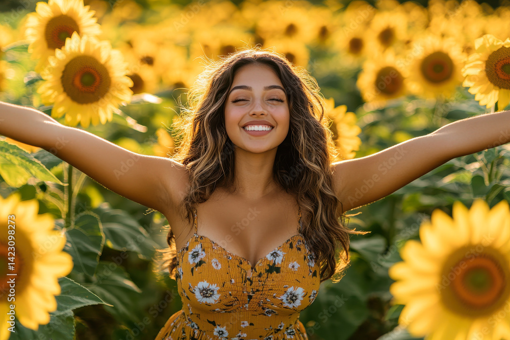 A woman stretches her arms wide in a sunflower field