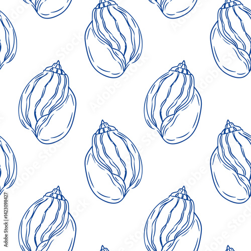 Decorative pattern featuring blue shell illustrations on a white background