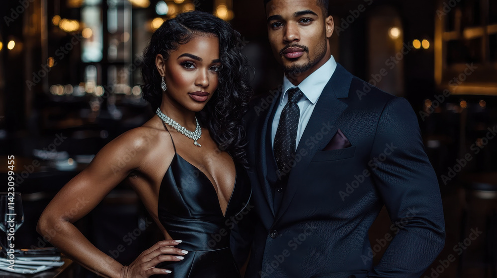 A sophisticated pair in a satin cocktail dress and tailored suit