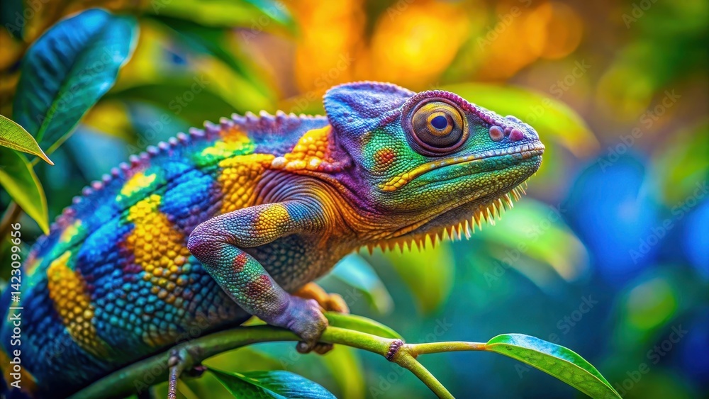 Obraz premium Vibrant chameleon perched on a branch amidst vibrant green foliage with hues of blue and yellow in the background, exotic