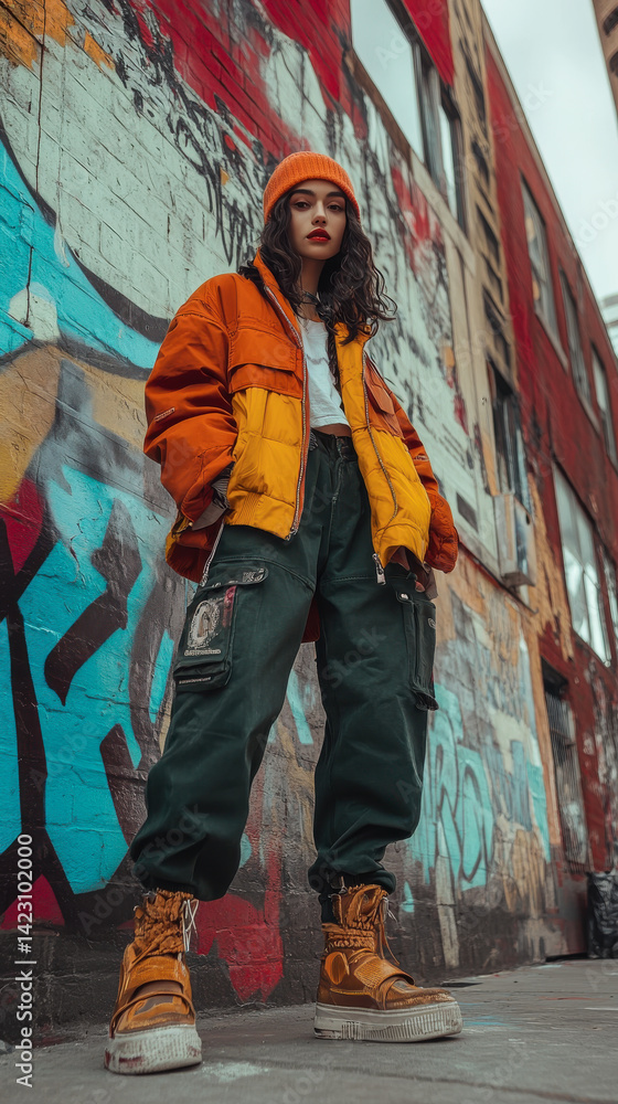 Model in streetwear with luxury accessories against graffiti-covered walls. Bold and edgy urban fashion
