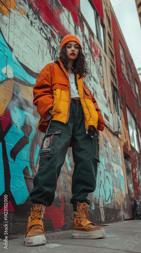 Obraz na płótnie Model in streetwear with luxury accessories against graffiti-covered walls. Bold and edgy urban fashion w salonie