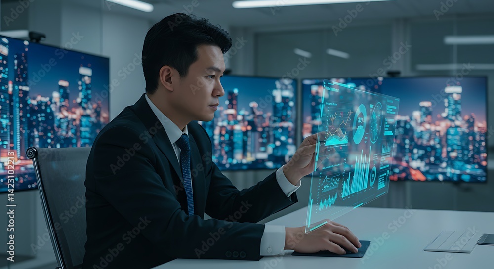 Fototapeta premium Asian professional using advanced holographic technology for financial analysis