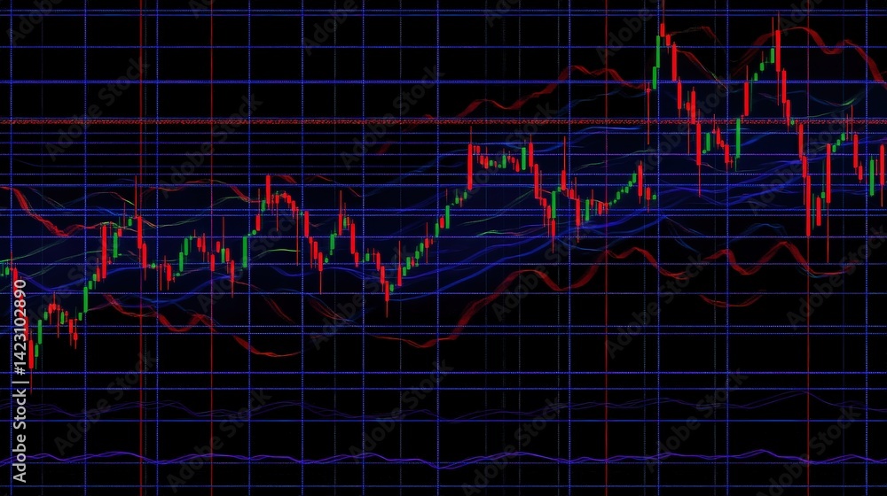 A dynamic stock market candlestick chart fluctuating over a glowing blue grid background, financial data flowing in real time A dynamic stock market candlestick chart fluctuating over a glowing blue grid background, financial data flowing in real time