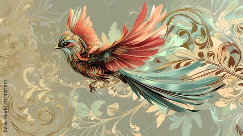 stylized bird illustration in art nouveau style, flowing feathers, floral background, harmonious colors