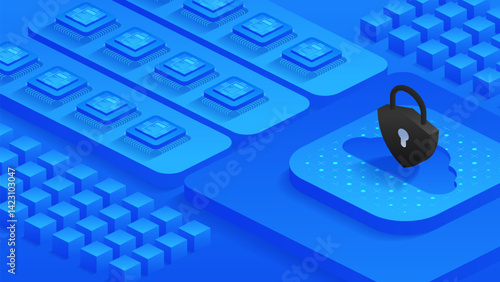 Advanced cloud data protection with encryption and antivirus security. Focus on secure storage, privacy, and safeguarding sensitive information from cyber threats. Vector illustration
