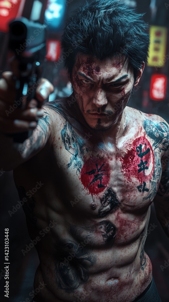 Yakuza tattooed man standing confidently in the street