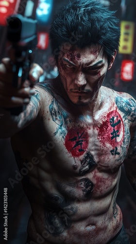 Obraz na płótnie Yakuza tattooed man standing confidently in the street w salonie