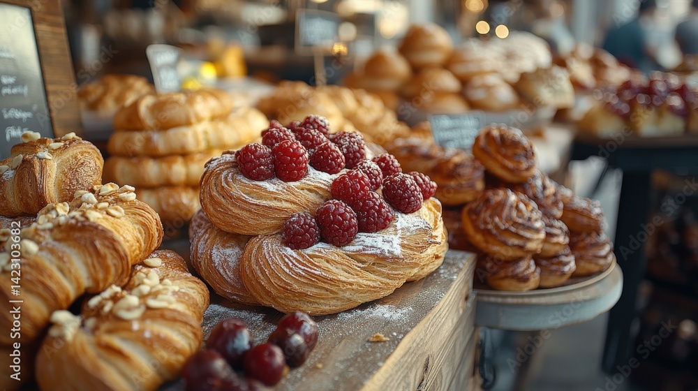 Fototapeta premium Freshly baked pastries displayed in a cozy bakery with customers enjoying their treats