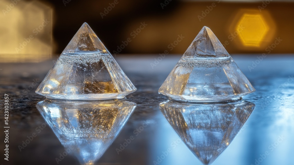 Two clear pyramid shaped objects are reflected on a surface Two clear pyramid shaped objects are reflected on a surface
