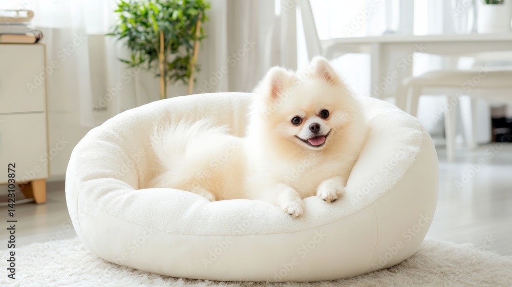 White Pomeranian dog lying on a comfy sofa.