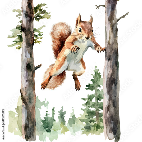 Squirrel Jumping Between Trees, vector watercolor illustration, isolated on a white background.
