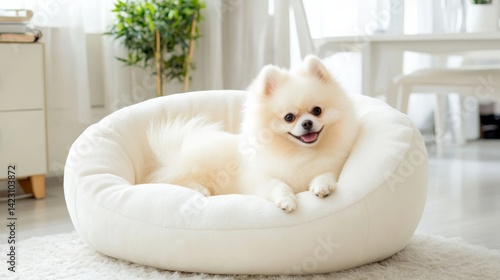 Obraz na płótnie White Pomeranian dog lying on a comfy sofa. w salonie