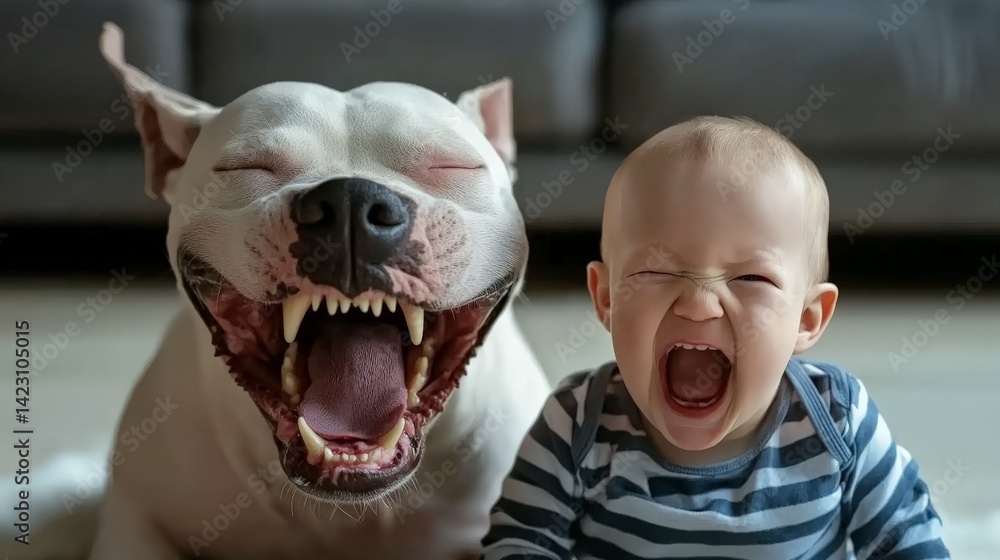 Smiling Child with Playful Pit Bull Terrier: A Portrait of Joy and Friendship
