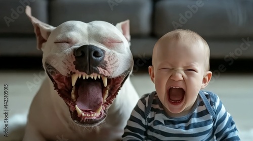 Obraz na płótnie Smiling Child with Playful Pit Bull Terrier: A Portrait of Joy and Friendship w salonie