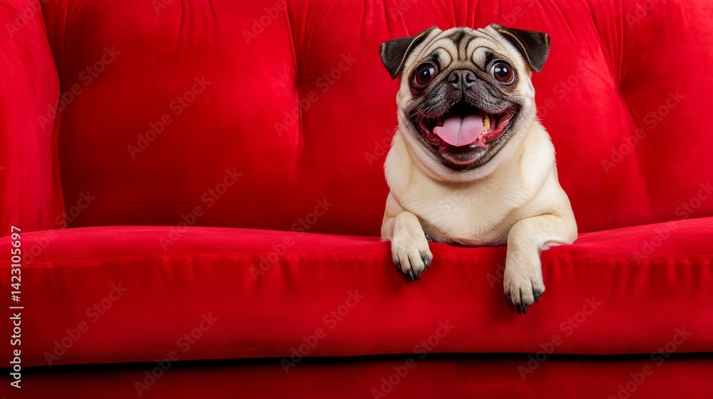 Pug dog sitting cheerfully on a red velvet couch