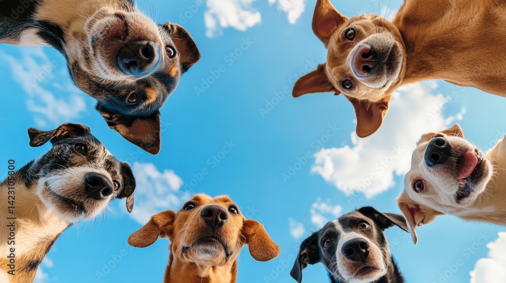 Playful dogs captured in a joyful circle of friendship. playful pups sharing joy under a blue sky