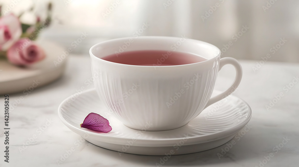 Cup of rose tea with petals on a table, copy space Cup of rose tea with petals on a table, copy space