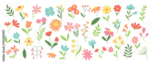 Collection of spring colorful flower elements vector. Set floral of wildflower, leaf branch, foliage on white background. Hand drawn blossom illustration for decor, easter, thanksgiving, clipart.