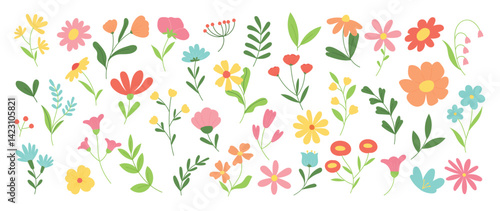 Collection of spring colorful flower elements vector. Set floral of wildflower, leaf branch, foliage on white background. Hand drawn blossom illustration for decor, easter, thanksgiving, clipart.