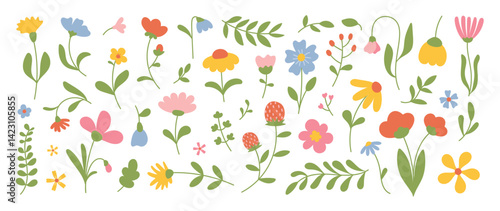 Wallpaper Mural Collection of spring colorful flower elements vector. Set floral of wildflower, leaf branch, foliage on white background. Hand drawn blossom illustration for decor, easter, thanksgiving, clipart. Torontodigital.ca