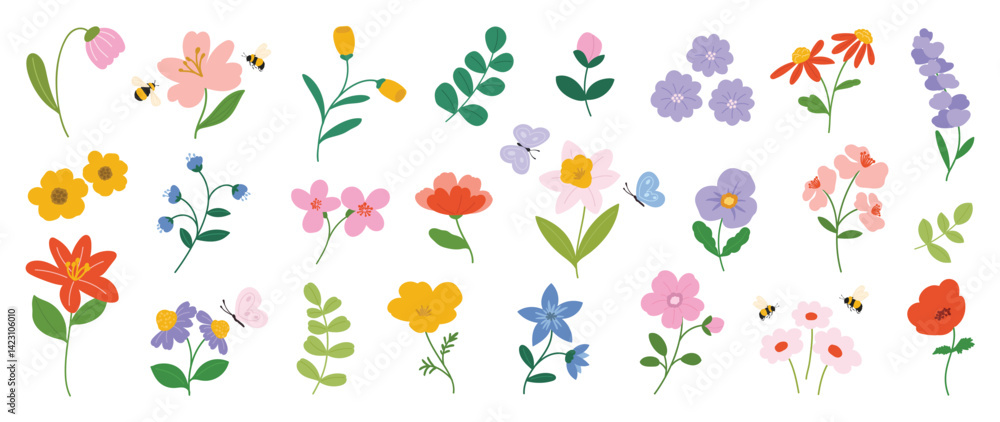 Fototapeta premium Collection of spring colorful flower elements vector. Set floral of wildflower, leaf branch, foliage on white background. Hand drawn blossom illustration for decor, easter, thanksgiving, clipart.