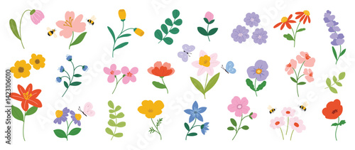 Collection of spring colorful flower elements vector. Set floral of wildflower, leaf branch, foliage on white background. Hand drawn blossom illustration for decor, easter, thanksgiving, clipart.