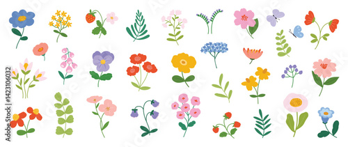Collection of spring colorful flower elements vector. Set floral of wildflower, leaf branch, foliage on white background. Hand drawn blossom illustration for decor, easter, thanksgiving, clipart.
