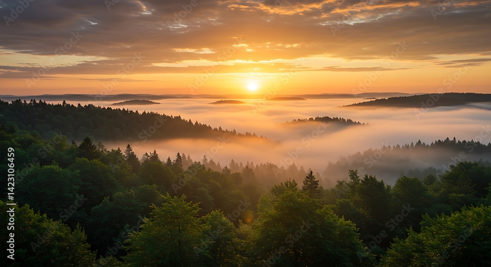 Obraz premium Sunrise over Misty Forest: Golden Hour Landscape Photography