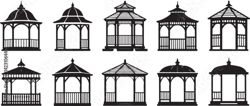 Gazebo Silhouette Vector Pack with Garden Pavilion Outdoor Shelter Icons in Black Minimal Style