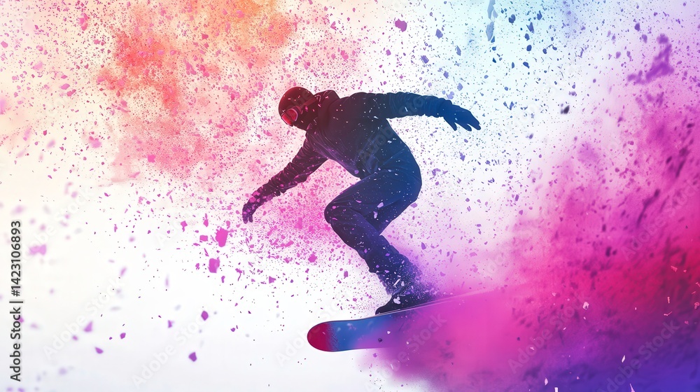 Vibrant Snowboarder in Colorful Explosion of Powder Vibrant Snowboarder in Colorful Explosion of Powder