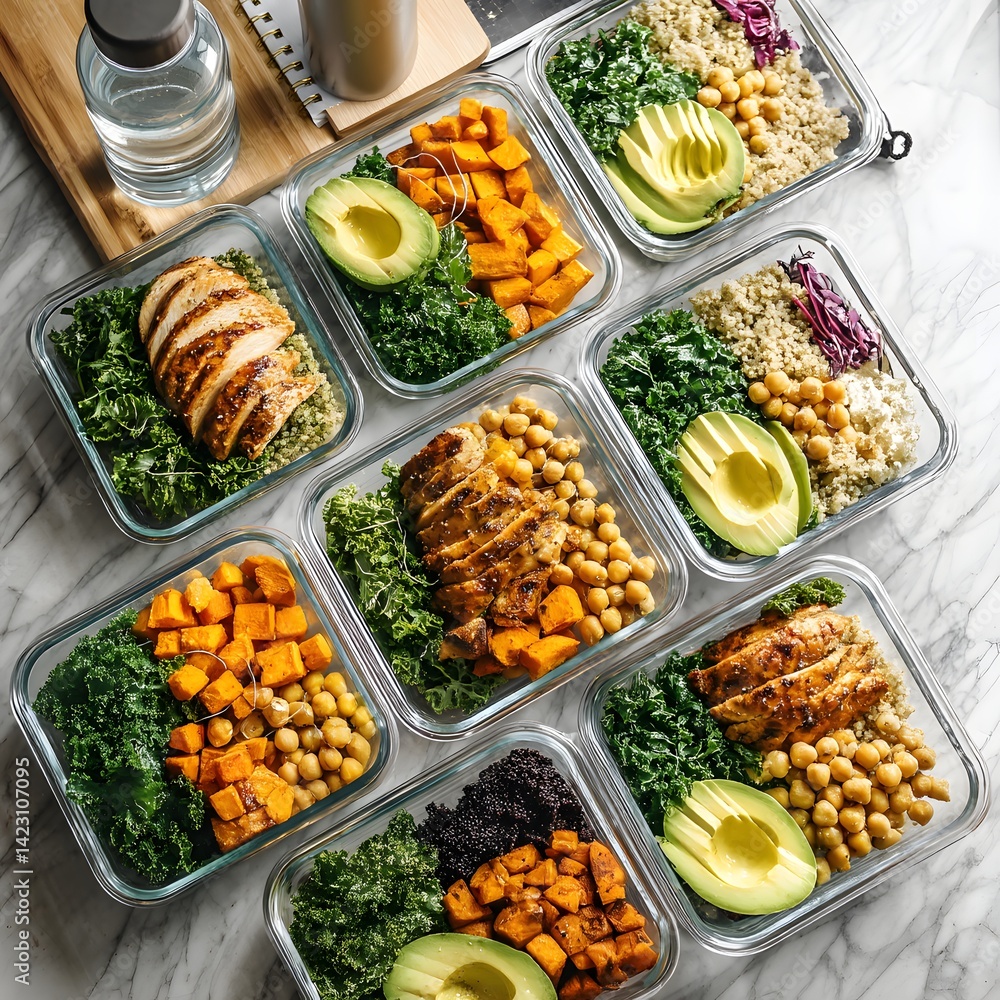 A row of six glass containers filled with healthy food, including chicken