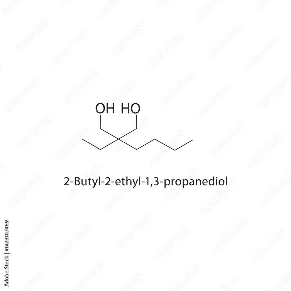 2-Butyl-2-ethyl-1,3-propanediol skeletal structure. Diol compound schematic illustration. Simple diagram, chemical formula. 2-Butyl-2-ethyl-1,3-propanediol skeletal structure. Diol compound schematic illustration. Simple diagram, chemical formula.