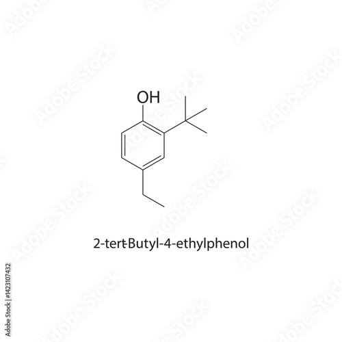 2-tert-Butyl-4-ethylphenol skeletal structure. Phenol compound schematic illustration. Simple diagram, chemical formula.
