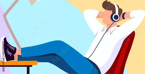 Procrastination at workplace concept with relaxed employee listening to music and ignoring tasks in modern office environment, Vector Design, Isolated

