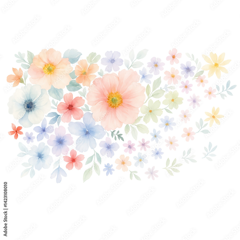 Obraz premium A vibrant arrangement of pastel-colored flowers, showcasing various shapes and sizes, surrounded by delicate leaves.