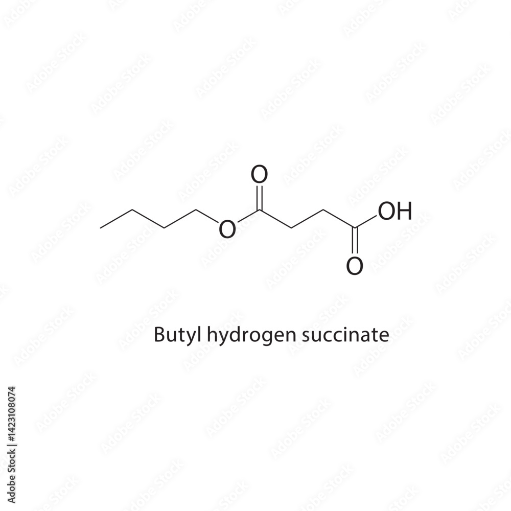Butyl hydrogen succinate skeletal structure. Dicarboxylic acid derivative compound schematic illustration. Simple diagram, chemical formula. Butyl hydrogen succinate skeletal structure. Dicarboxylic acid derivative compound schematic illustration. Simple diagram, chemical formula.