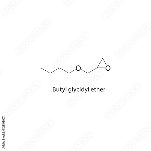 Butyl glycidyl ether skeletal structure. Epoxide compound schematic illustration. Simple diagram, chemical formula.