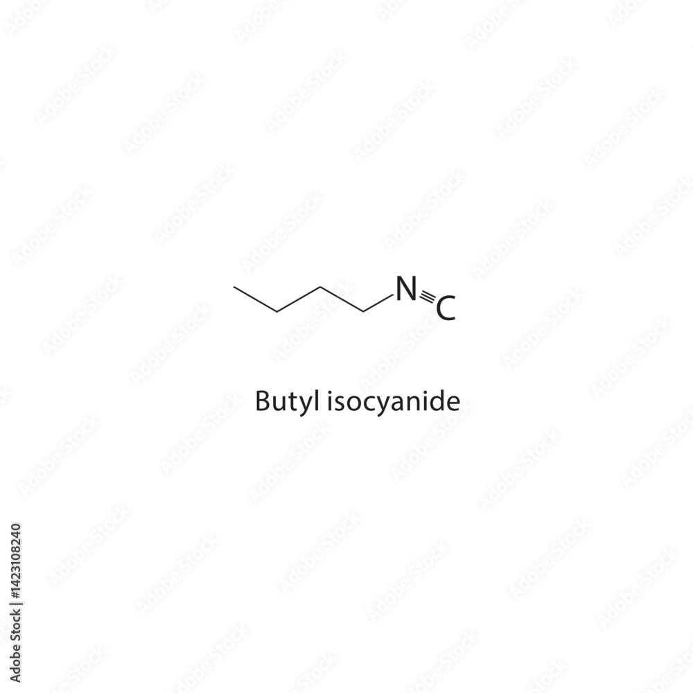 Butyl isocyanide skeletal structure. Isocyanide compound schematic illustration. Simple diagram, chemical formula. Butyl isocyanide skeletal structure. Isocyanide compound schematic illustration. Simple diagram, chemical formula.