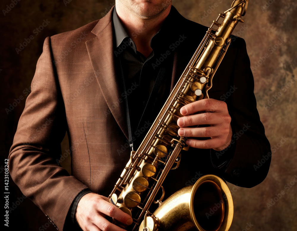 Naklejka premium Jazz Musician Holding Saxophone – Studio Portrait in Warm Lighting