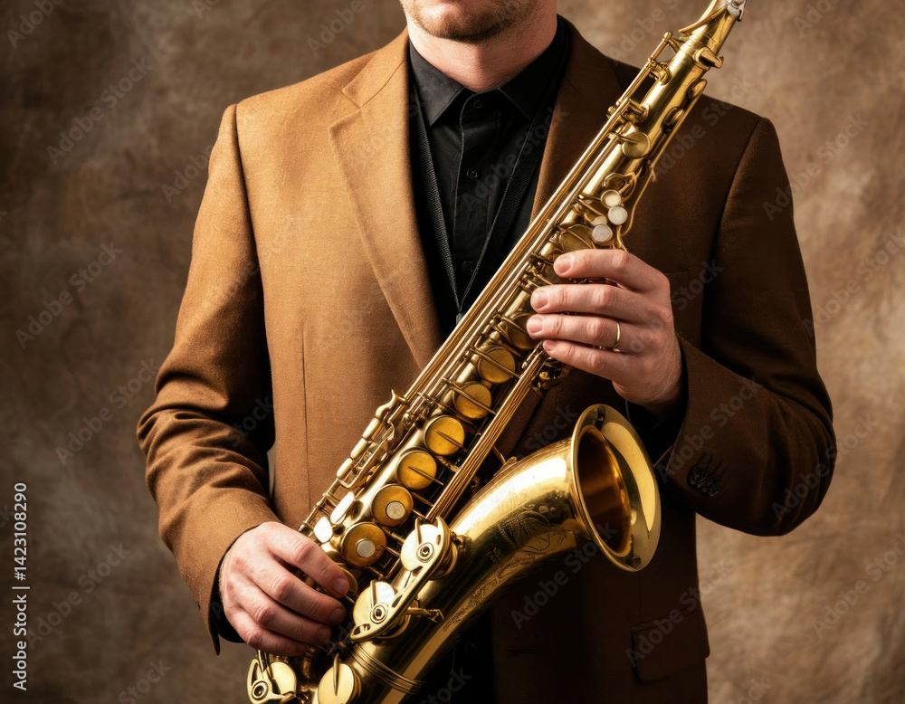 Naklejka premium Jazz Musician Holding Saxophone – Studio Portrait in Warm Lighting