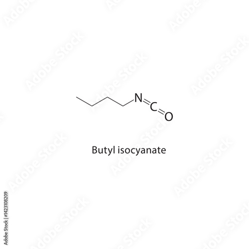 Butyl isocyanate skeletal structure. Isocyanate compound schematic illustration. Simple diagram, chemical formula.